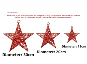 Size chart for red glitter star ornaments showing diameters of 15cm, 20cm, and 30cm