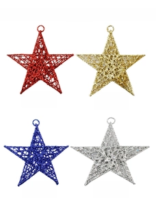 Glittery hollow iron star ornaments in red, gold, blue, and silver for holiday hanging decor