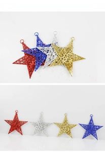Close-up of four-color glitter iron star ornaments in red, blue, silver and gold