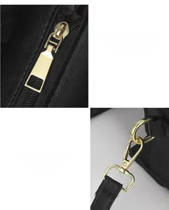Détails du sac en cuir noir avec fermetures éclair dorées et boucles métalliques solides