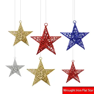 Sparkling iron star ornaments in gold, red, and silver for Christmas ceiling decoration