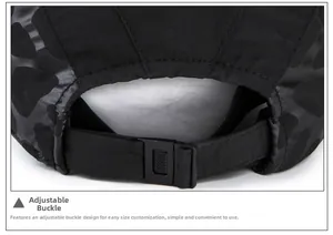 Detail of adjustable plastic buckle and leopard print fabric on the back of the black cap
