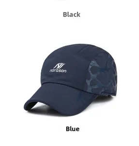 Detail of blue quick-dry baseball cap with mesh texture and logo on white background