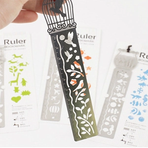 Multifunctional 10cm hollow metal bookmark ruler with creative drawing birdcage stencil