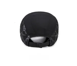Rear view of black outdoor baseball cap showing adjustable buckle and side textured panels