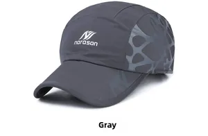 Detail of grey winter baseball cap with narason logo and geometric pattern texture