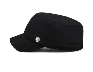 Detail view of winter wool flat top hat with silver star buckle and thick texture
