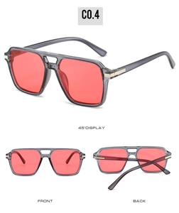 Three-angle views of gray frame sunglasses with red lenses and double bridge design