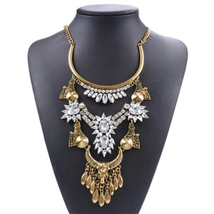 Detail view of multi-layered bohemian statement necklace with crystals and gold fringe