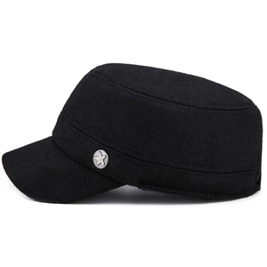 Winter black wool flat top military cap with star emblem and thick cotton ear protection