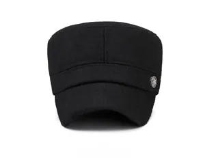 Front view of thick wool flat top military cap with a metal star buckle detail