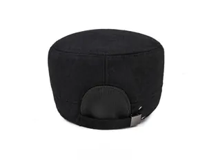 Rear view of black wool winter flat top cap with adjustable metal buckle strap