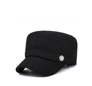 Close-up of winter thick wool flat top army cap in black with silver star badge detail