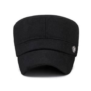 Classic black wool cadet cap with thick cotton ear protection and silver star emblem