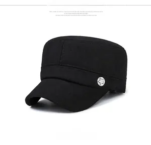 Side view of black cadet cap with silver star emblem and thick wool texture