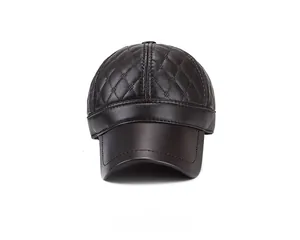Front view showing dark brown PU leather baseball cap with diamond quilted texture