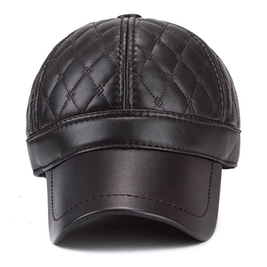 Men's dark brown PU leather baseball cap featuring quilted diamond patterns and ear flaps