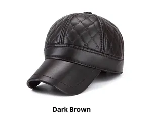 Detail of dark brown quilted leather baseball cap with diamond stitching texture