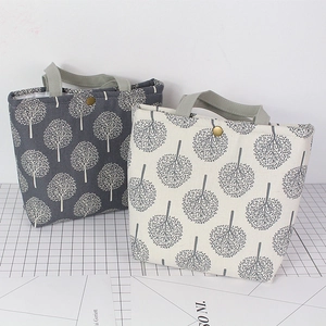 Japanese style cotton linen lunch bags with grey tree patterns and copper buckle closure