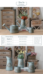 Size chart for antique blue metal planters and rustic iron garden pots with dimensions