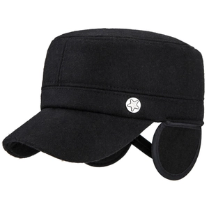 Winter black wool flat top hat with ear flaps and silver star detail on white background