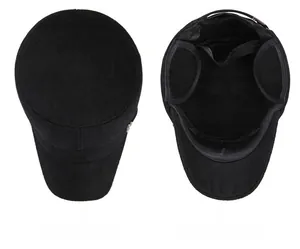 Detailed view of black winter flat top hat featuring foldable thick wool ear flaps