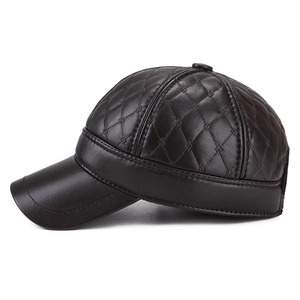 Deep brown faux leather baseball cap with diamond quilted stitching and ear protection