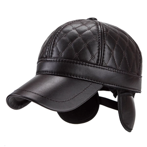 Deep brown quilted PU leather baseball cap with ear flaps for winter outdoor warmth