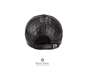 Detailed rear view of quilted leather baseball cap featuring adjustable metal buckle