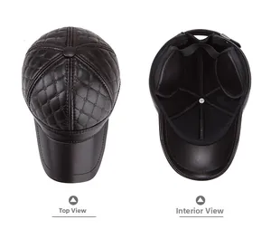 Detail view of brown quilted PU leather baseball cap featuring protective warm ear flaps