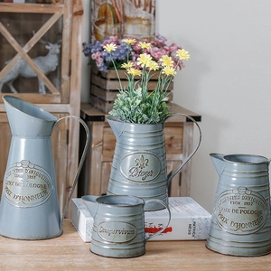 Set of 4 vintage blue iron flower pots with embossed text for rustic home garden decoration