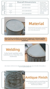Detailed size chart and dimensions for vintage metal flower pots in various designs