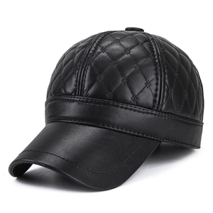 Men's black quilted PU leather baseball cap with windproof earmuffs for winter outdoors