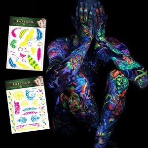 Fluorescent Temporary Tattoo Stickers Waterproof UV Luminous Body Art Decals For Music Festival Rave Party Feather Butterfly Flower Patterns