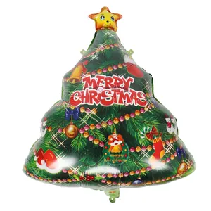 Christmas tree shaped foil balloon in dark green with Merry Christmas text and festive motifs