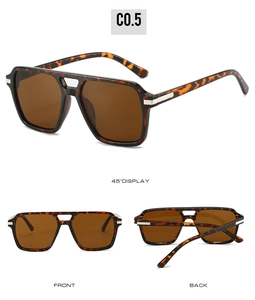 Three-way view of retro square tortoise shell sunglasses with double bridge details