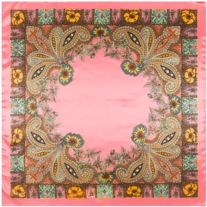 Detailed flat lay of coral silk square scarf with paisley floral pattern and satin finish