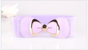 Close-up of a purple elastic waist belt featuring a gold metal and PU bow buckle detail