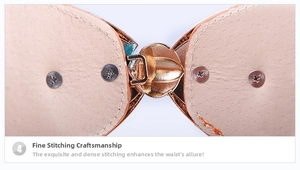 Close-up of golden buckle with fine stitching on women wide bow elastic belt