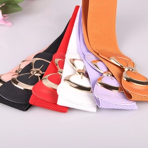 Women's elastic bow belt set in six colors with golden heart-shaped metal buckle fasteners