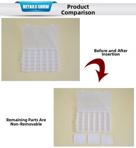 Detail of adjustable dividers in clear plastic box showing removable vertical inserts