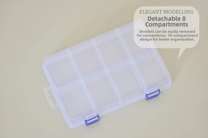 Detail of adjustable 8-grid storage box with removable dividers and blue latch