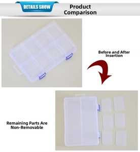 Detail of 10-grid plastic organizer showing 6 removable dividers and blue secure latches