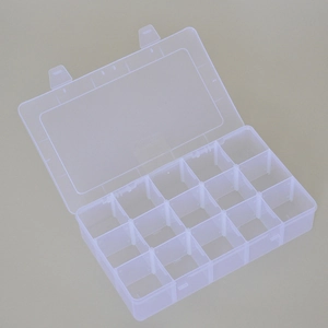 Close-up of a 15-compartment clear plastic storage box with a hinged lid for small parts