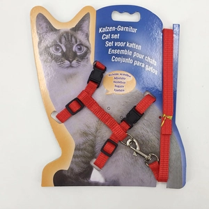 Adjustable red nylon cat harness and leash set displayed on retail card packaging
