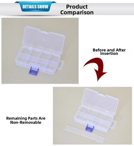 Detail view of transparent plastic storage box with adjustable and removable blue dividers