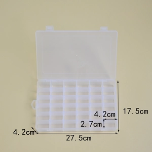 Detailed view of 35 compartment clear plastic organizer box with size 27.5x17.5x4.2cm