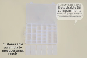 Macro detail of 36 adjustable compartments in a clear plastic organizer box