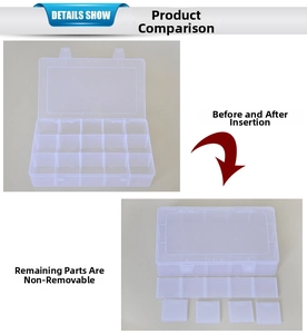 Detail view of 15-grid clear plastic storage box showing removable dividers and compartments