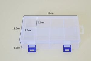 Detailed dimensions of 20x13.5x4.5cm for clear plastic 15-grid storage organizer box